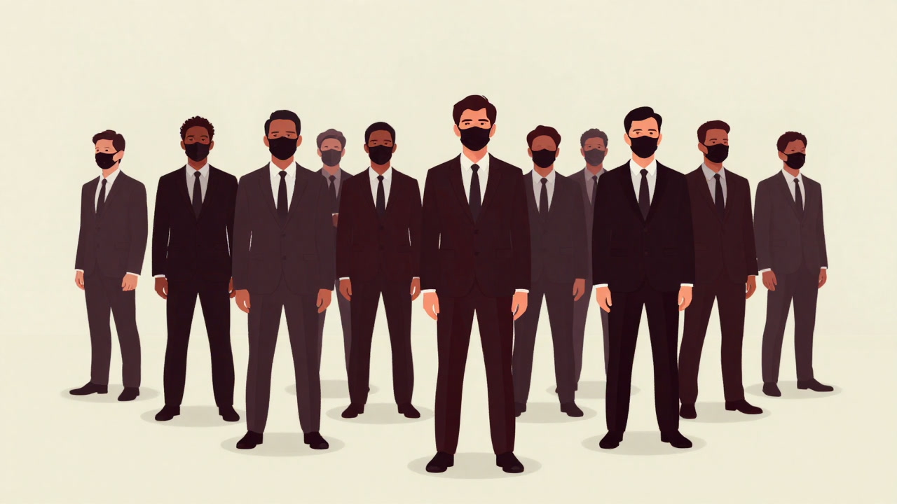 Satirical illustration of a diverse group of people forced into identical suits and masks, representing forced harmony