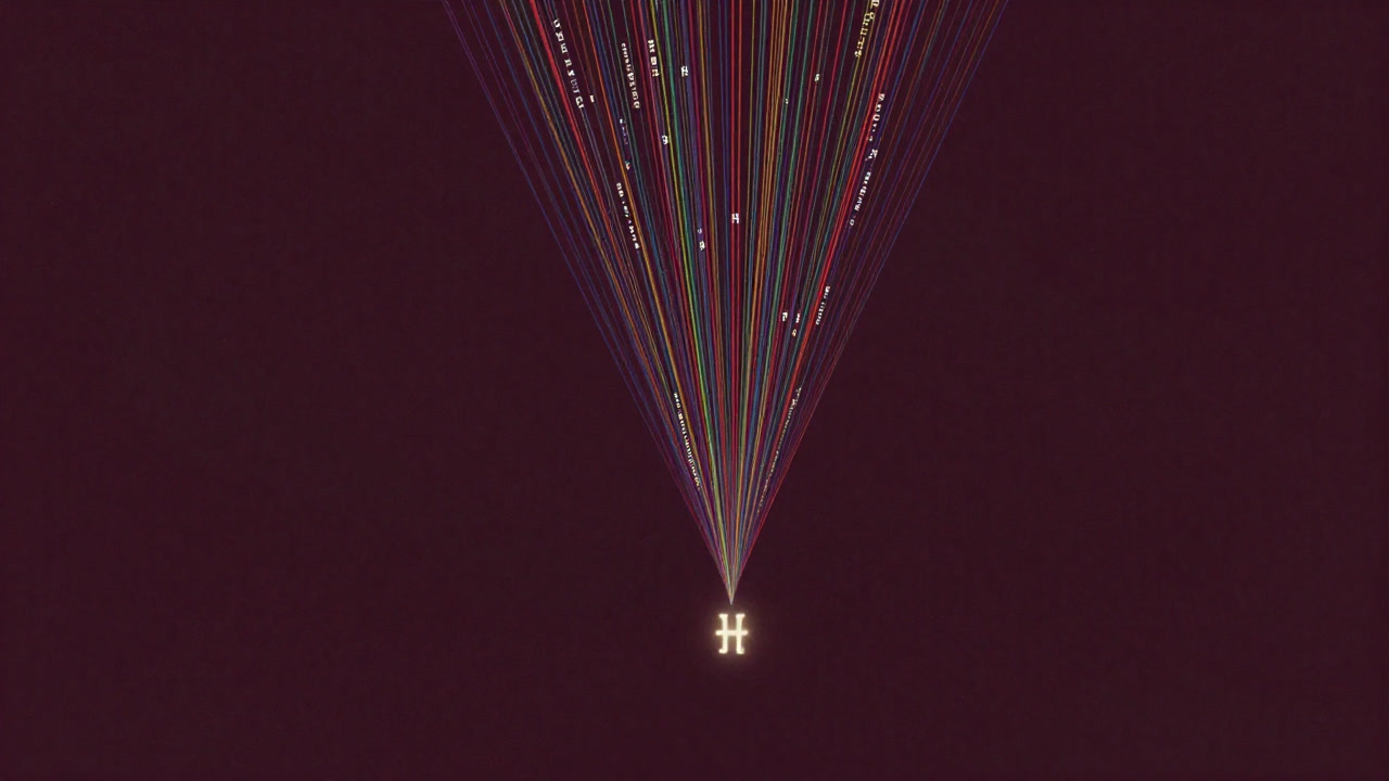 Image of a ephemeral hash function transforming countless strings into a small string in a sea of data