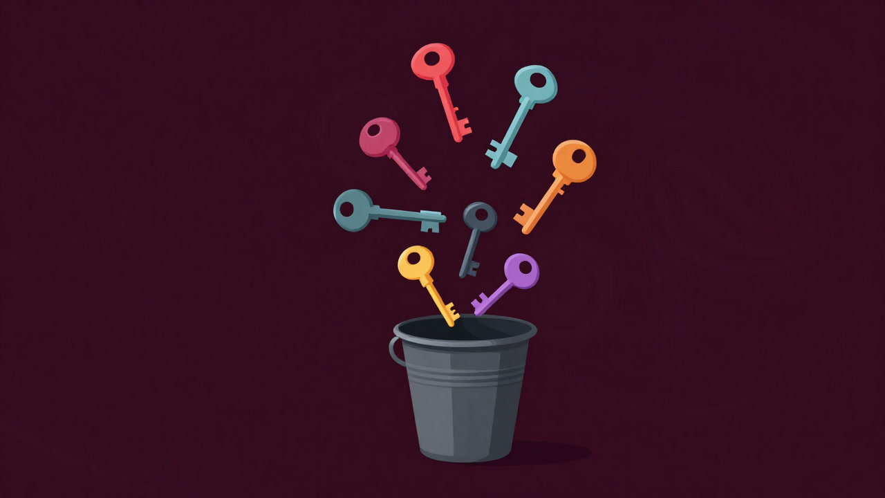 An abstract chaotic swirl of keys diving into buckets representing a hash table.