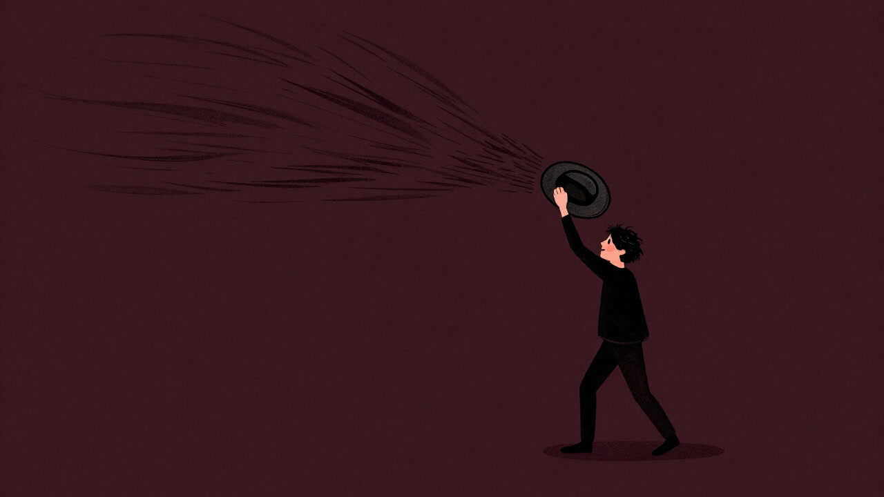 Illustration of a person struggling to keep their hat on as the wind blows
