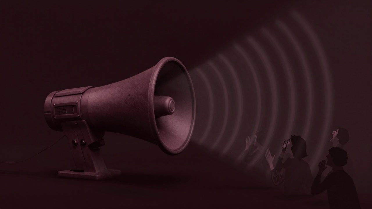 Illustration of a dark void filled with swirling cries, with one prominent speaker emitting waves of hatred.