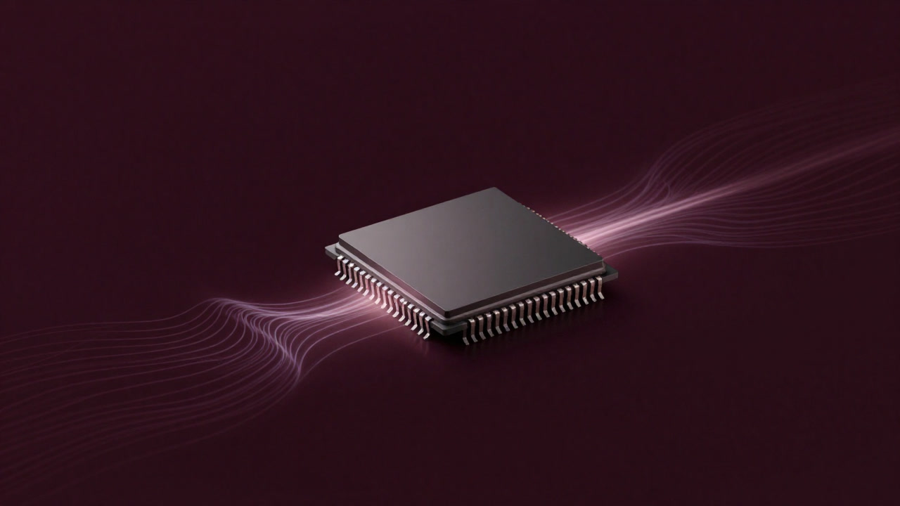 Illustration of a glowing chip package emitting waves of heat