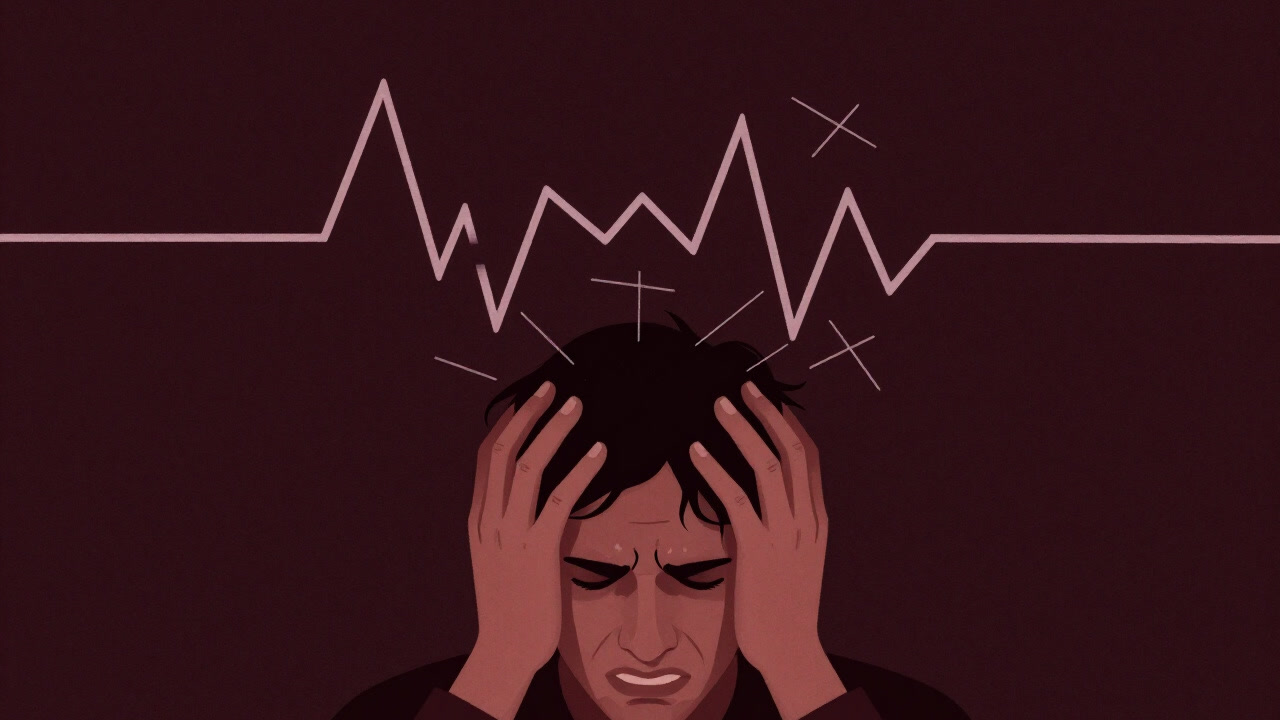 A person clutching their forehead in agony with swirling electric-like pain imagery above their head.