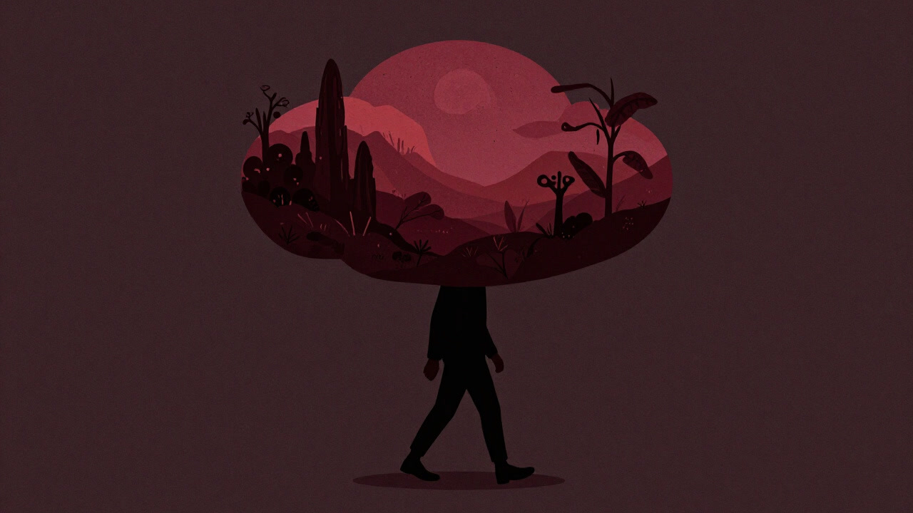A silhouette walking carrying a surreal, colorful landscape of imaginary world on their back