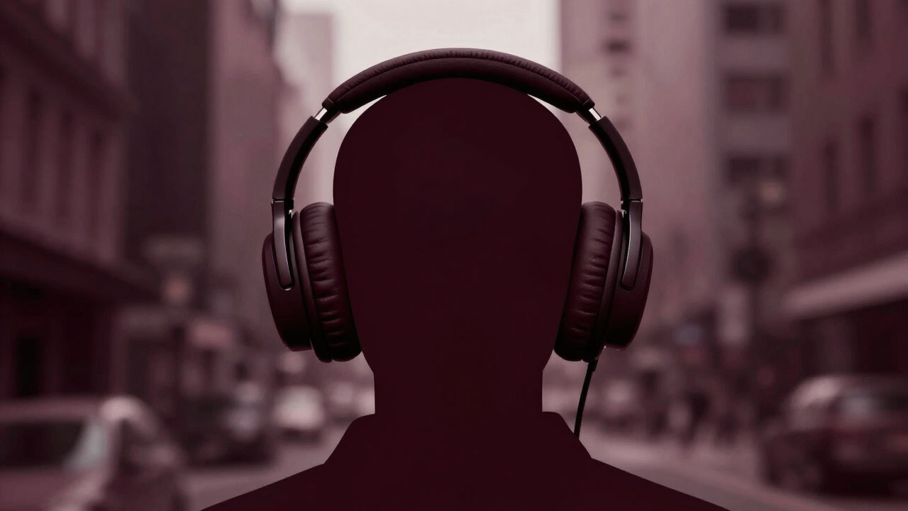 A profile of a person wearing headphones, immersed in their own world, ignoring the bustling city noise