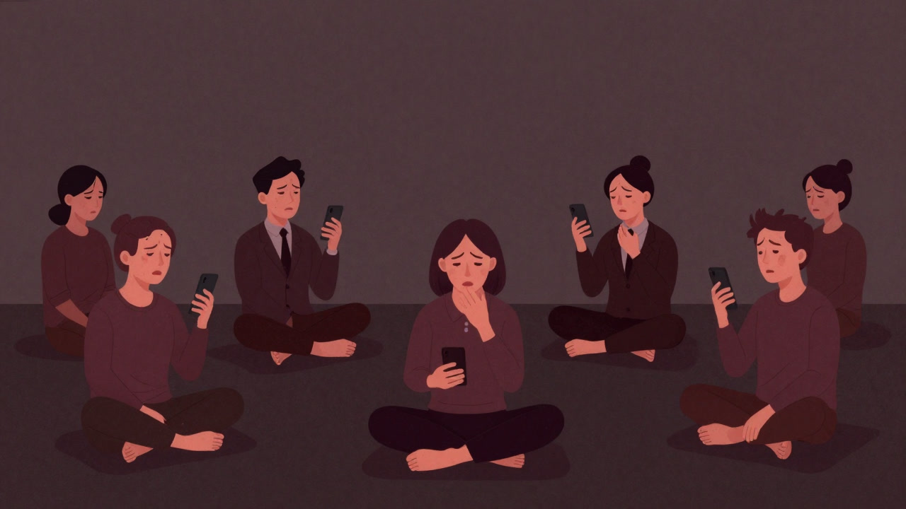 Illustration of workshop participants deeply meditating but trembling as they can't let go of their smartphones.