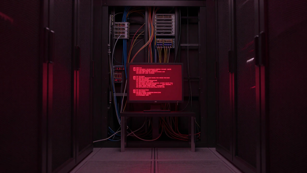 A dim server room filled with tangled cables and a monitor glowing red with alerts.