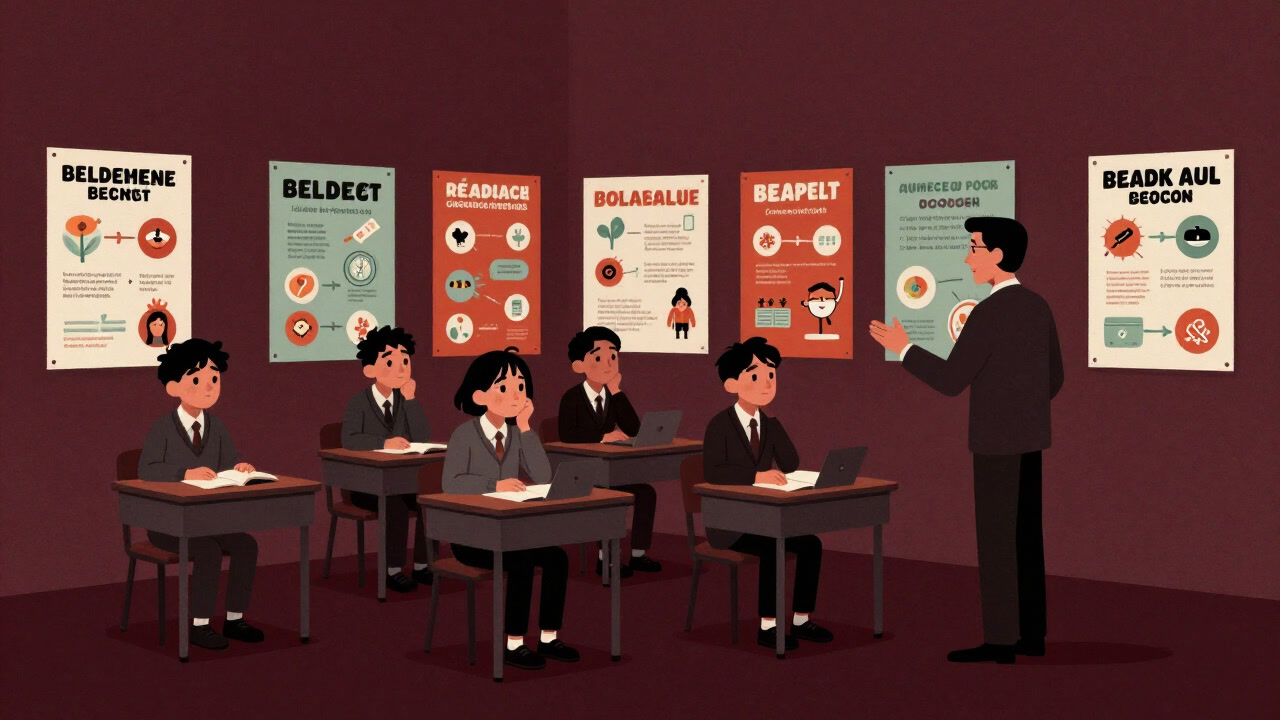 Illustration of students sitting bored in a classroom surrounded by health posters