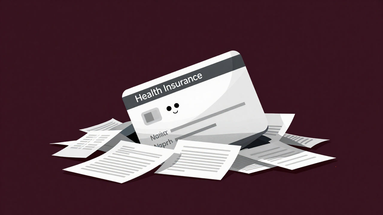 An insurance card buried under a mountain of booklets and paperwork, despite being meant as a lifeline