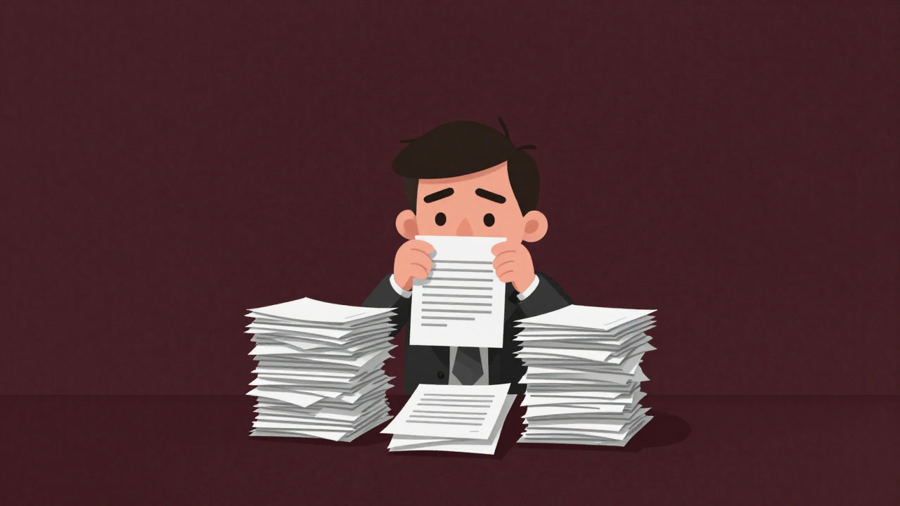 An illustration of a bureaucrat buried under heaps of policy documents, looking blankly at the viewer.