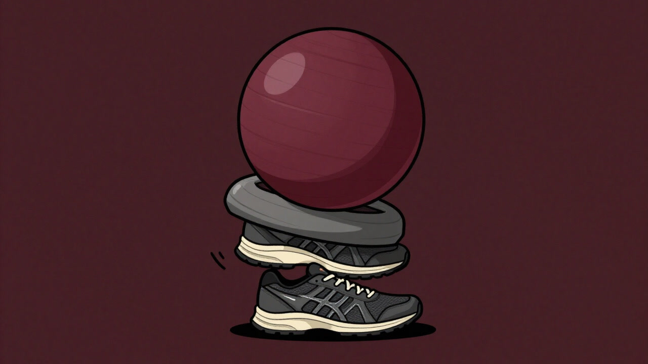 Stacked balance ball precariously resting on a pair of running shoes