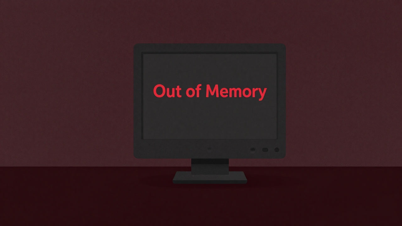 Dark illustration of a heap region with "Out of Memory" in red on a monitor.