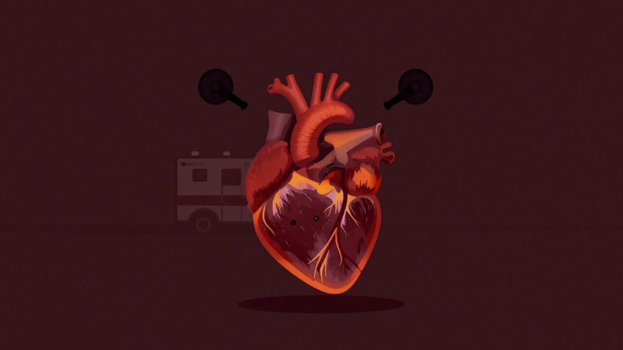 Illustration of a heart model engulfed in flames with emergency sirens.