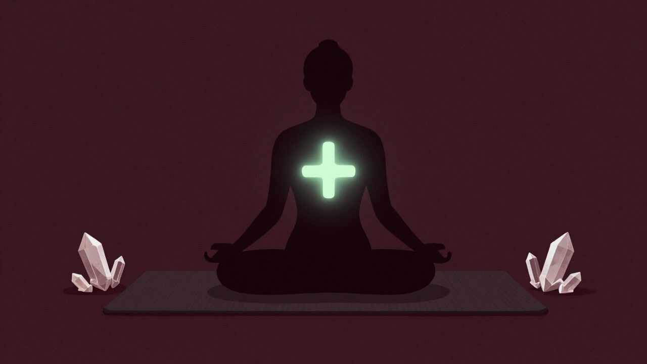 胸のあたりで淡い緑の光を放つシンボルが浮かび上がり、周囲にはクリスタルとヨガマットが散らばるイメージ