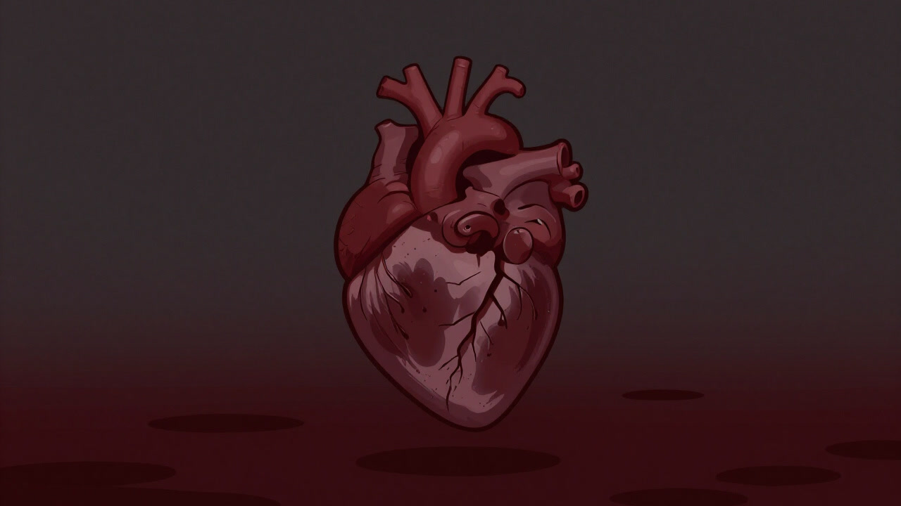 疲弊しひび割れた心臓の模型が、血液の海に浮かんでいるような様子