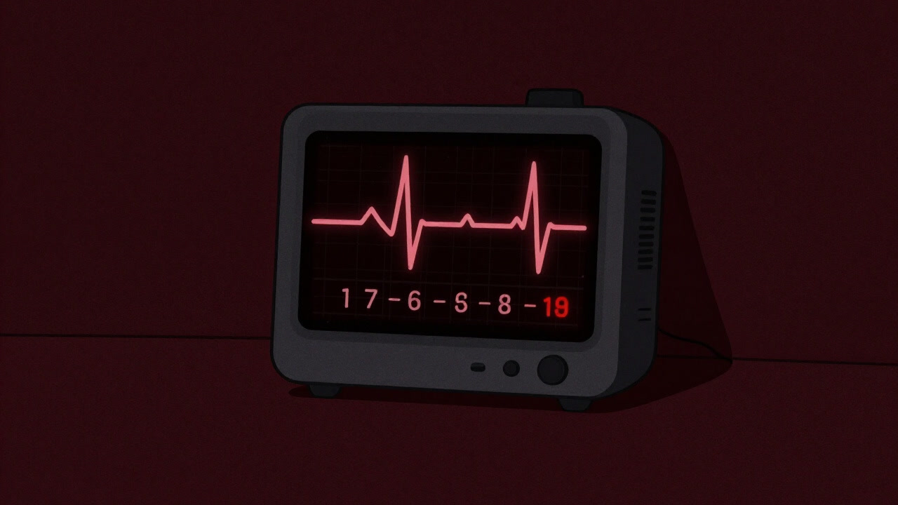 Digital numbers of a heart rate monitor glowing eerily in a dark room, pulsing like veins.