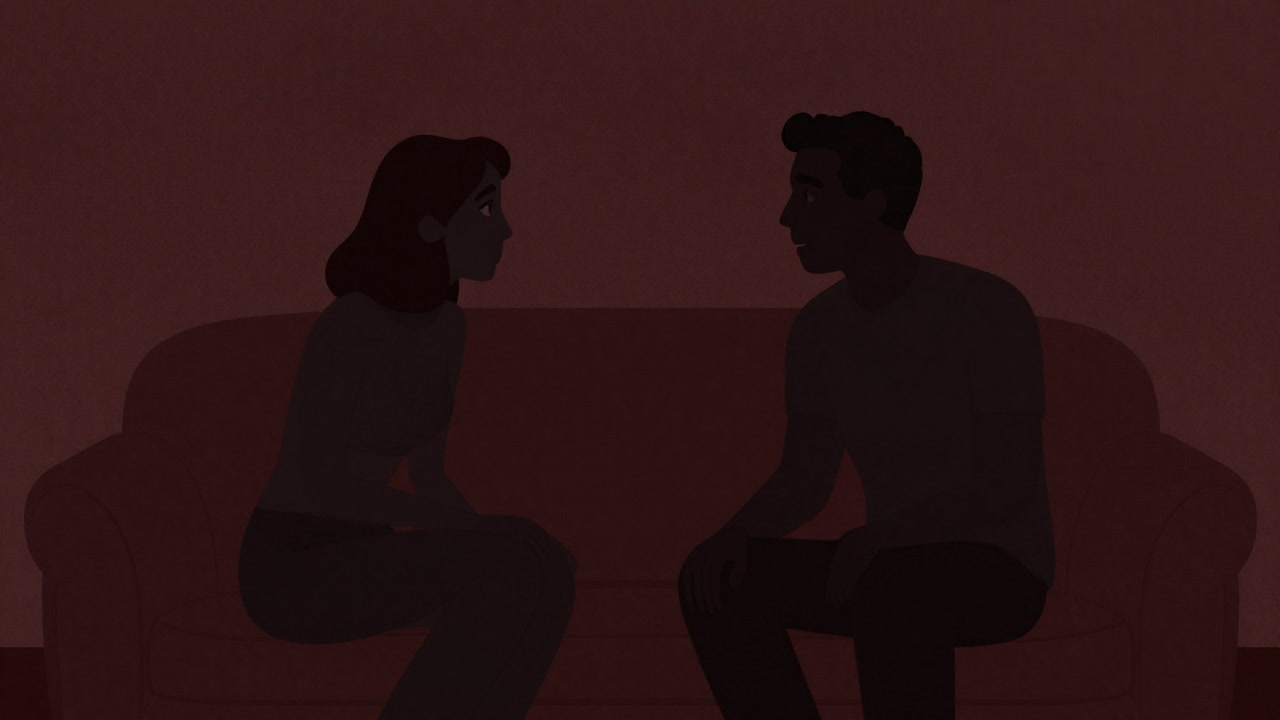 Silhouettes of a man and woman sitting face-to-face on a couch, reacting sharply to each other's words.