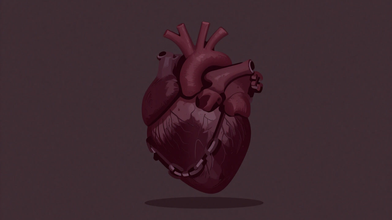 心臓を擬人化し、鎖と重りに縛られたキャラクターが苦悶するイラスト