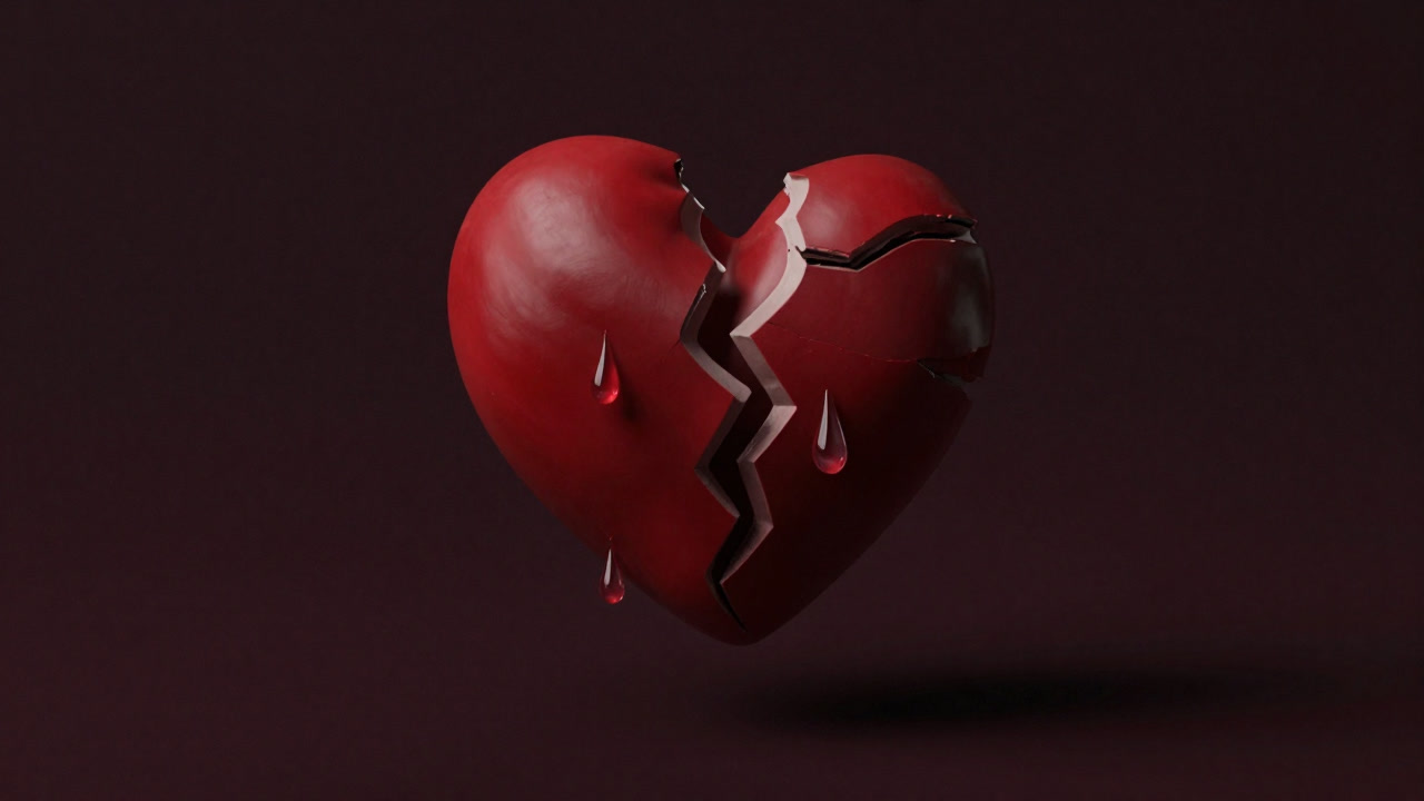 Illustration of a broken heart floating in darkness with droplet-like tears falling