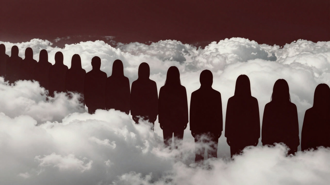 Silhouettes lined up in an endless white space