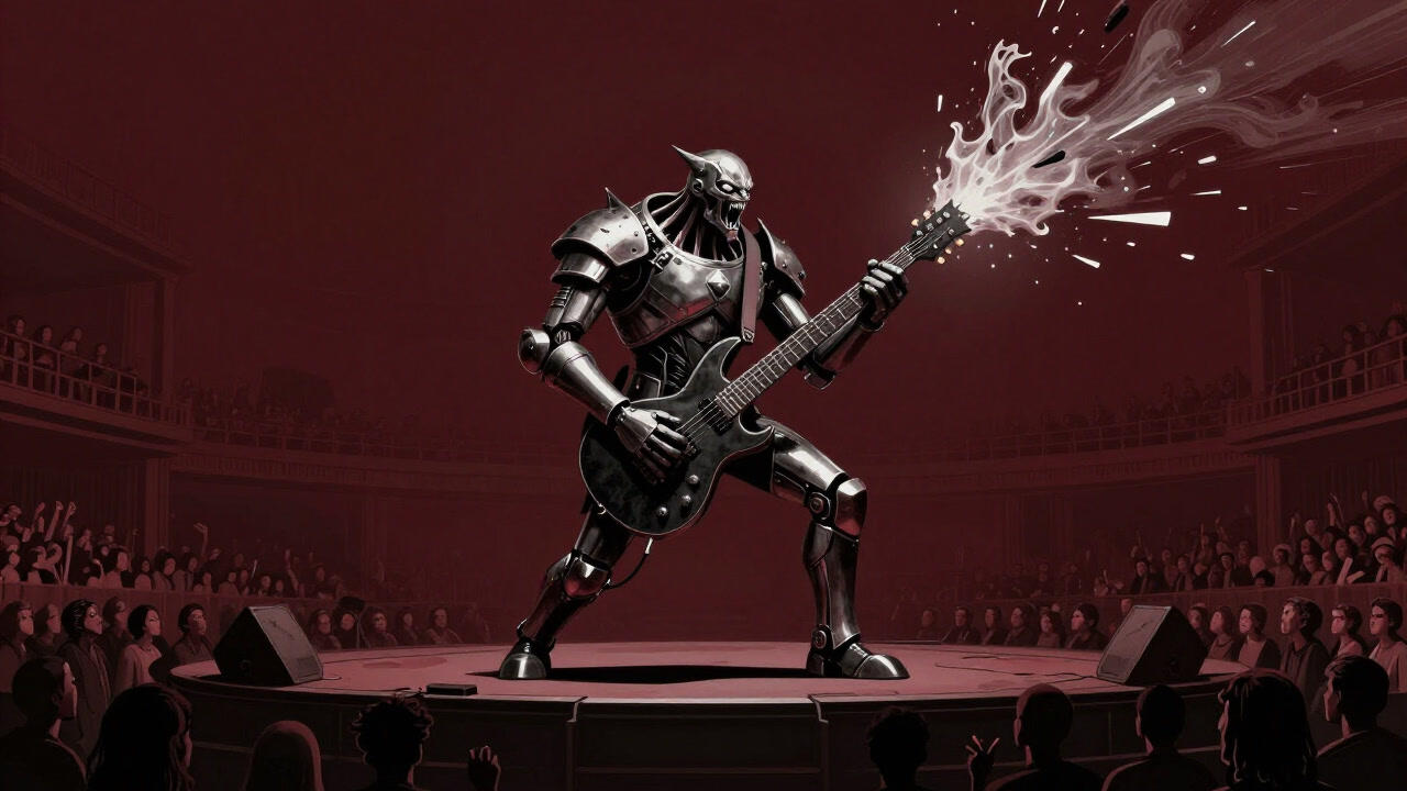 ステージ上でギターを振り回しながら爆音を叩き付ける金属装甲の怪物のイラスト