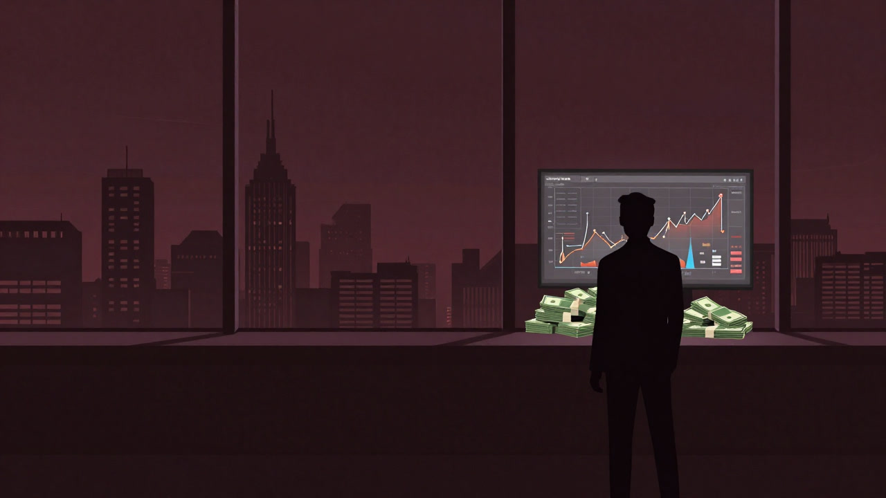 高層ビルのオフィス窓越しに見下ろす相場チャートと札束の山を前に、不敵な笑みを浮かべるスーツ姿のシルエット