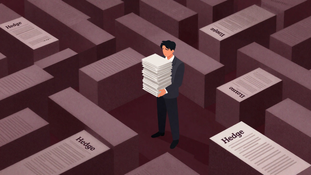 Silhouette of a trader in a labyrinth of finance, clutching a stack of hedging contracts and looking dazed.