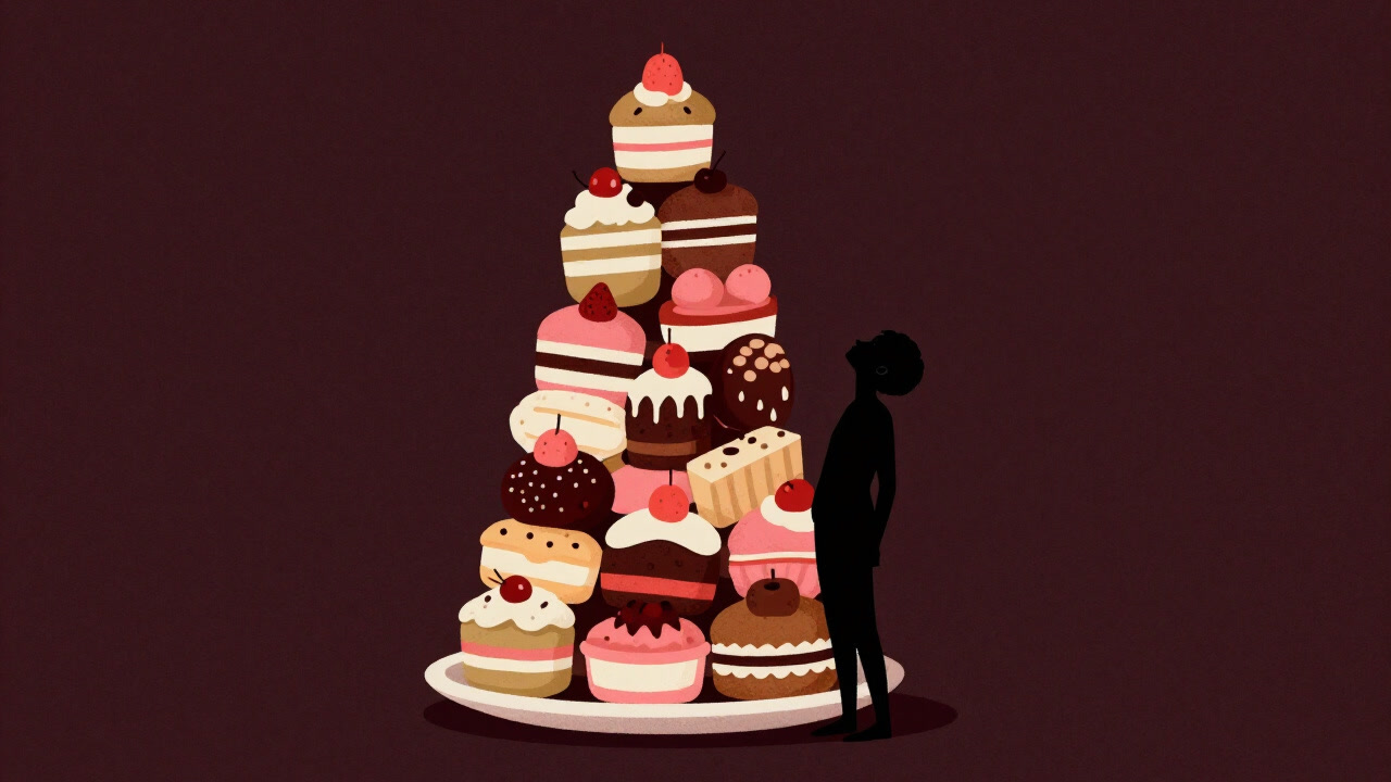 色鮮やかなデザートの山を前に、至福の表情を浮かべる人間のシルエット