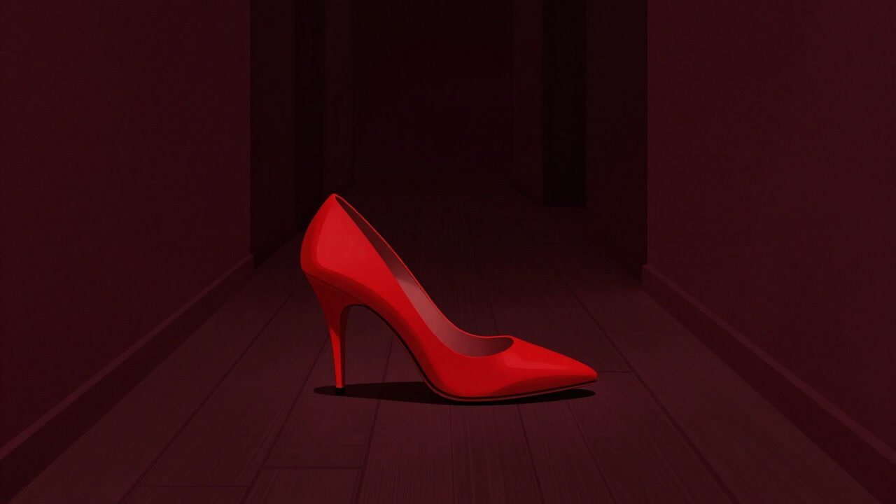 A pair of high heels carelessly left in a dark corridor, their stiletto tips embedded into the floor like predator fangs