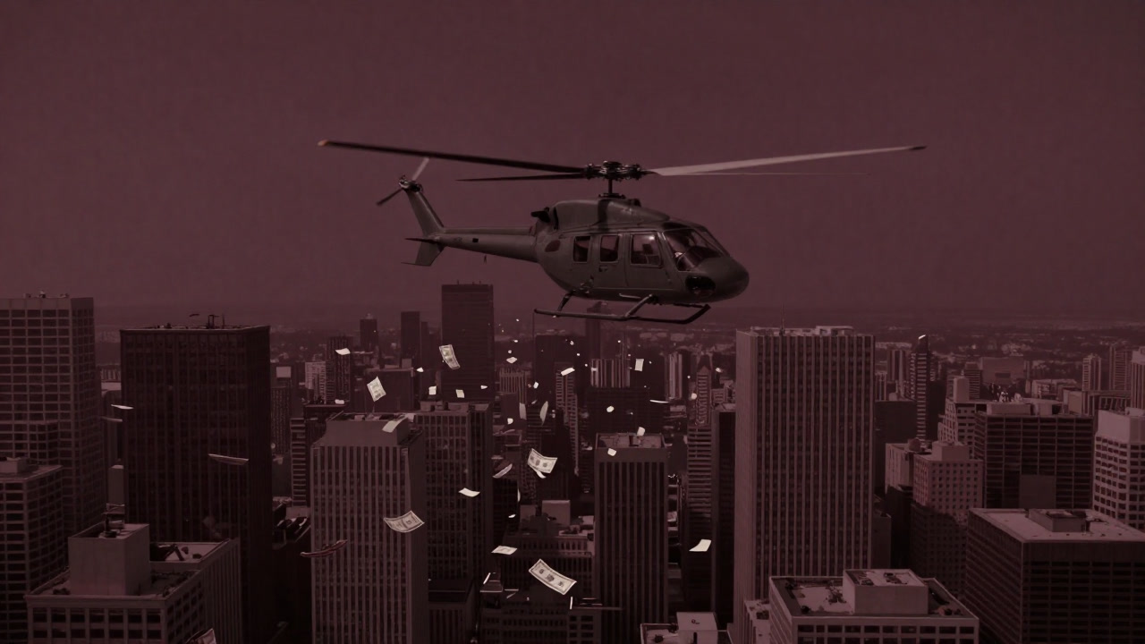 ヘリコプターから紙幣が降り注ぎ、街が一時的に札束の海と化す様子