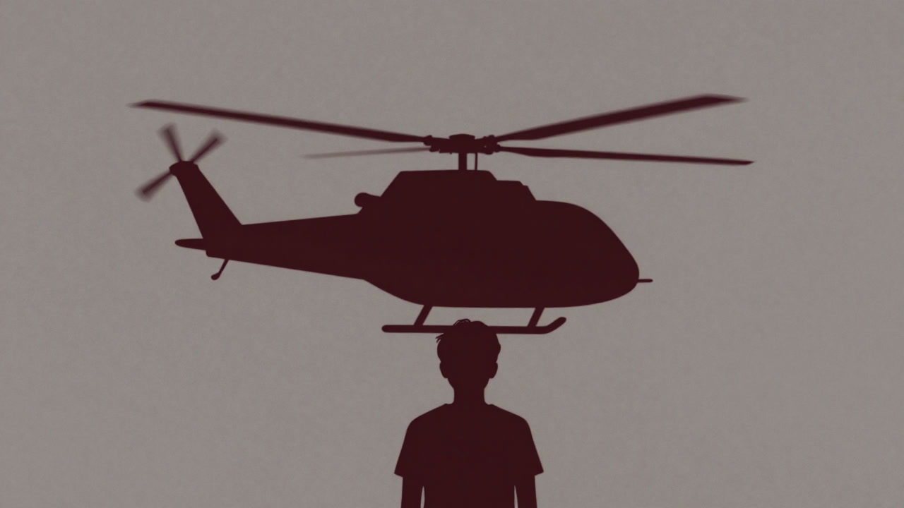 子供の肩上空をぐるぐる旋回するヘリコプターのプロペラを模した輪郭を帯びた親のシルエット