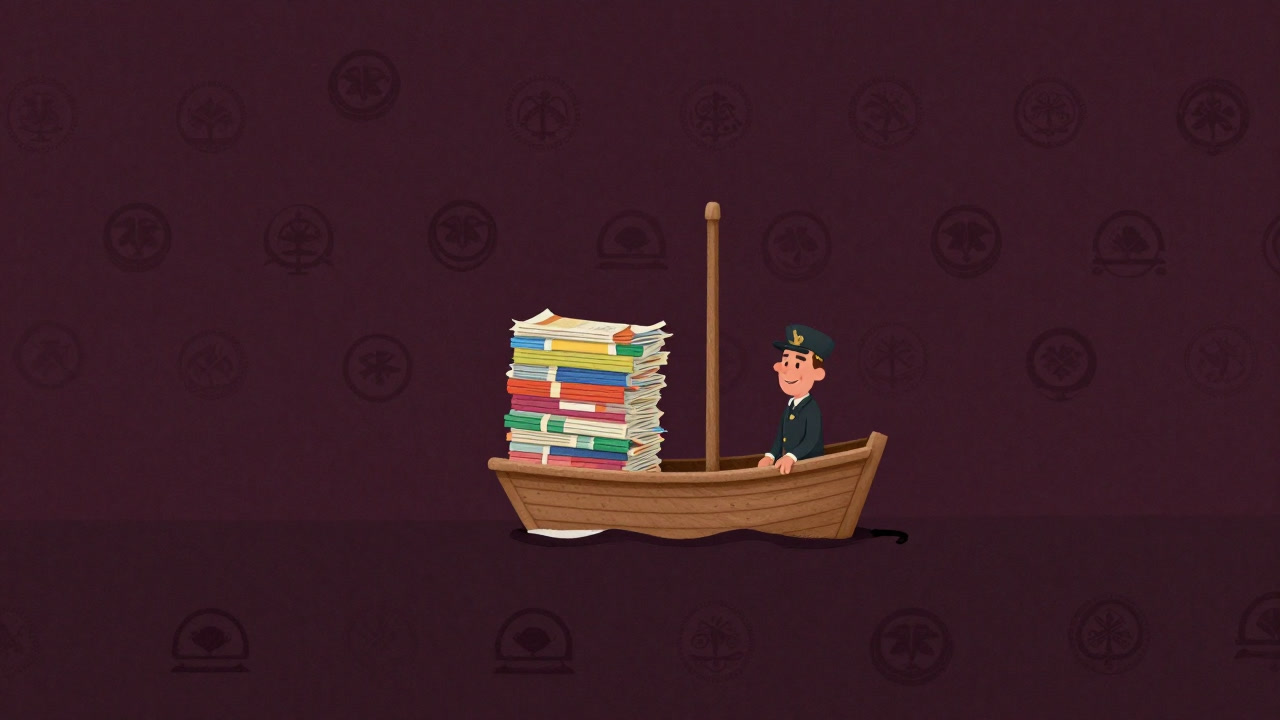 Illustration of a small ship adrift in the Kubernetes sea, clutching a bundle of helm charts