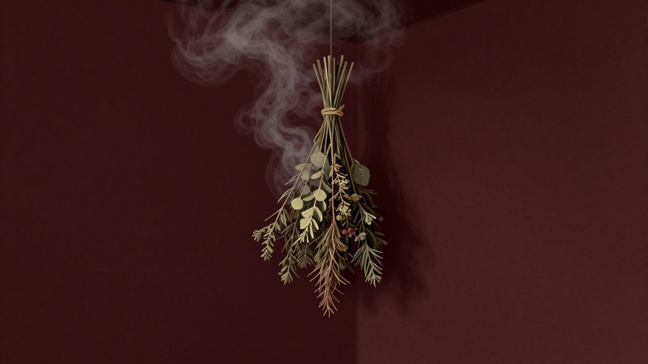 Image of a bundle of dried herbs in a worn kitchen corner, its aroma exaggeratedly lingering in the air.