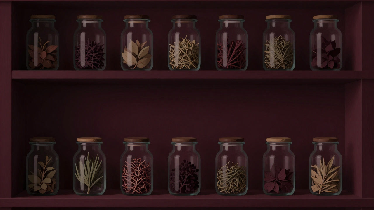 Image of dried herbs and glass bottles on an apothecary shelf glowing mysteriously