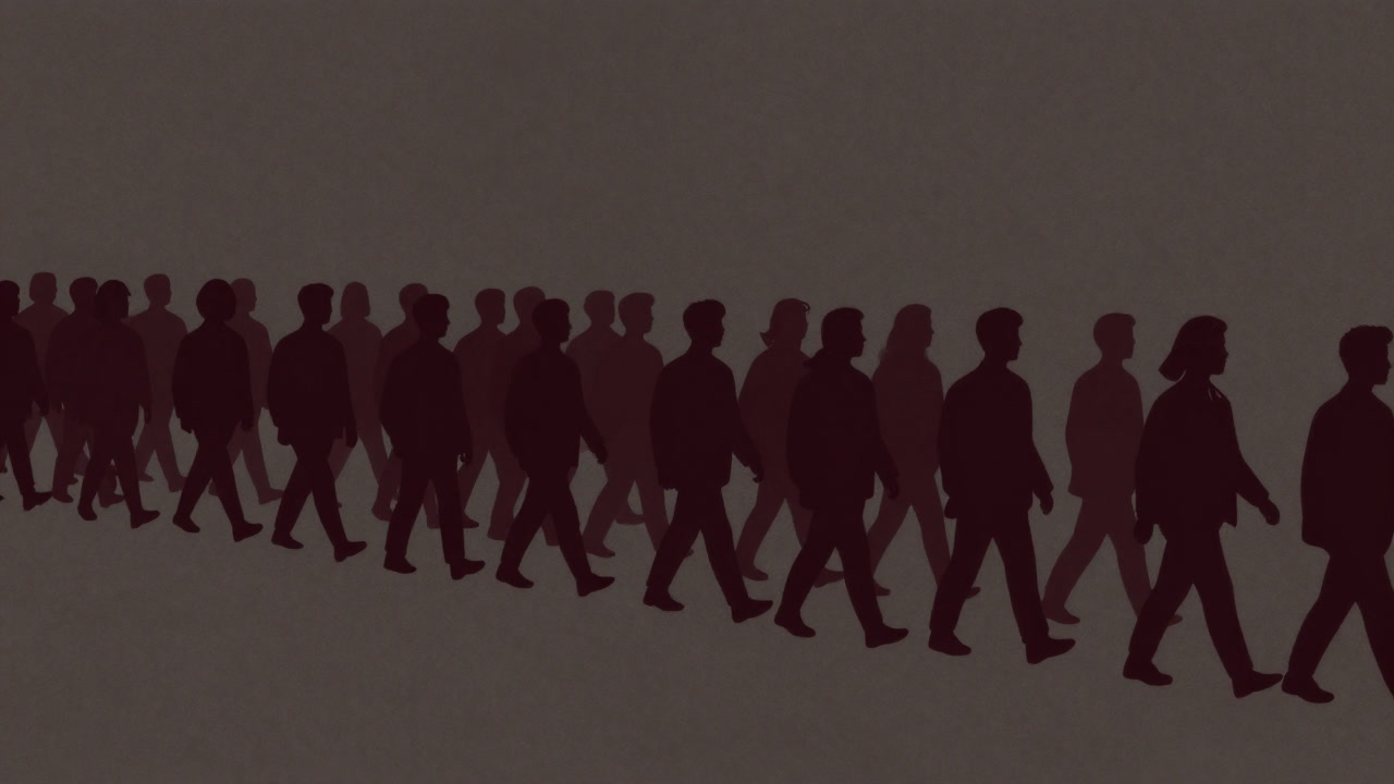 Silhouettes of many people walking in the same direction