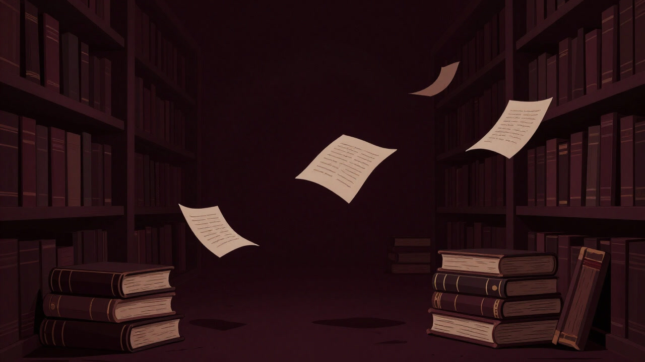 古びた書物の背表紙が並ぶ暗い書庫で、ページの端がひらひらとめくれる様子