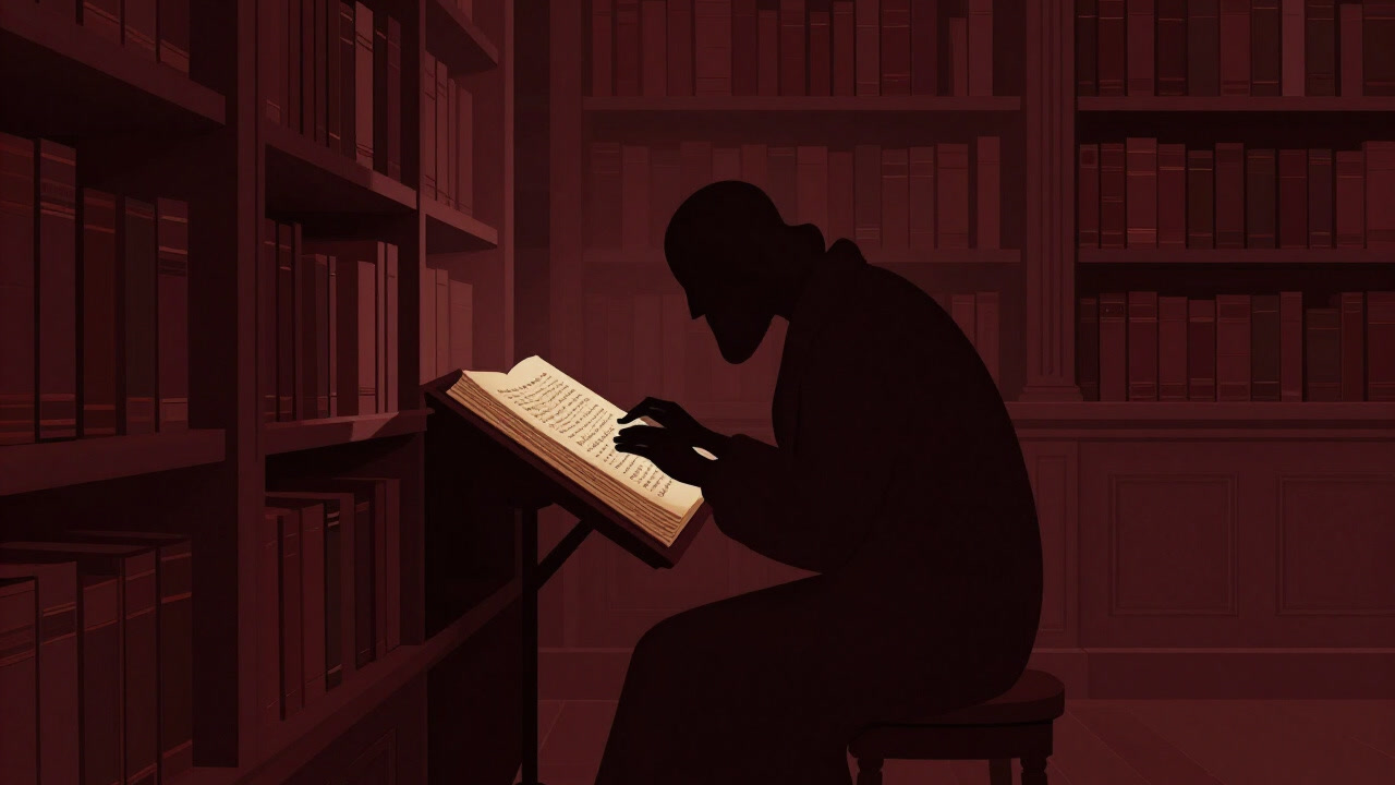 古い写本を前に首をかしげ、意図を探る学者のシルエット