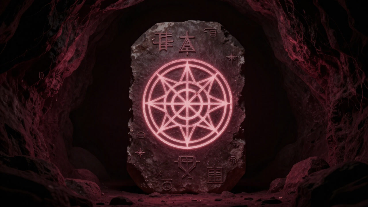 古代の石板に刻まれた神秘的な紋章が薄暗い洞窟でほのかに輝く画像