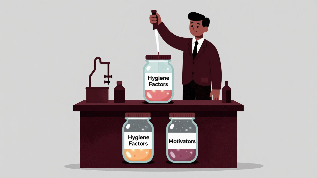 Illustration of a lab bench with two stacked jars labeled 'Hygiene Factors' and 'Motivators'