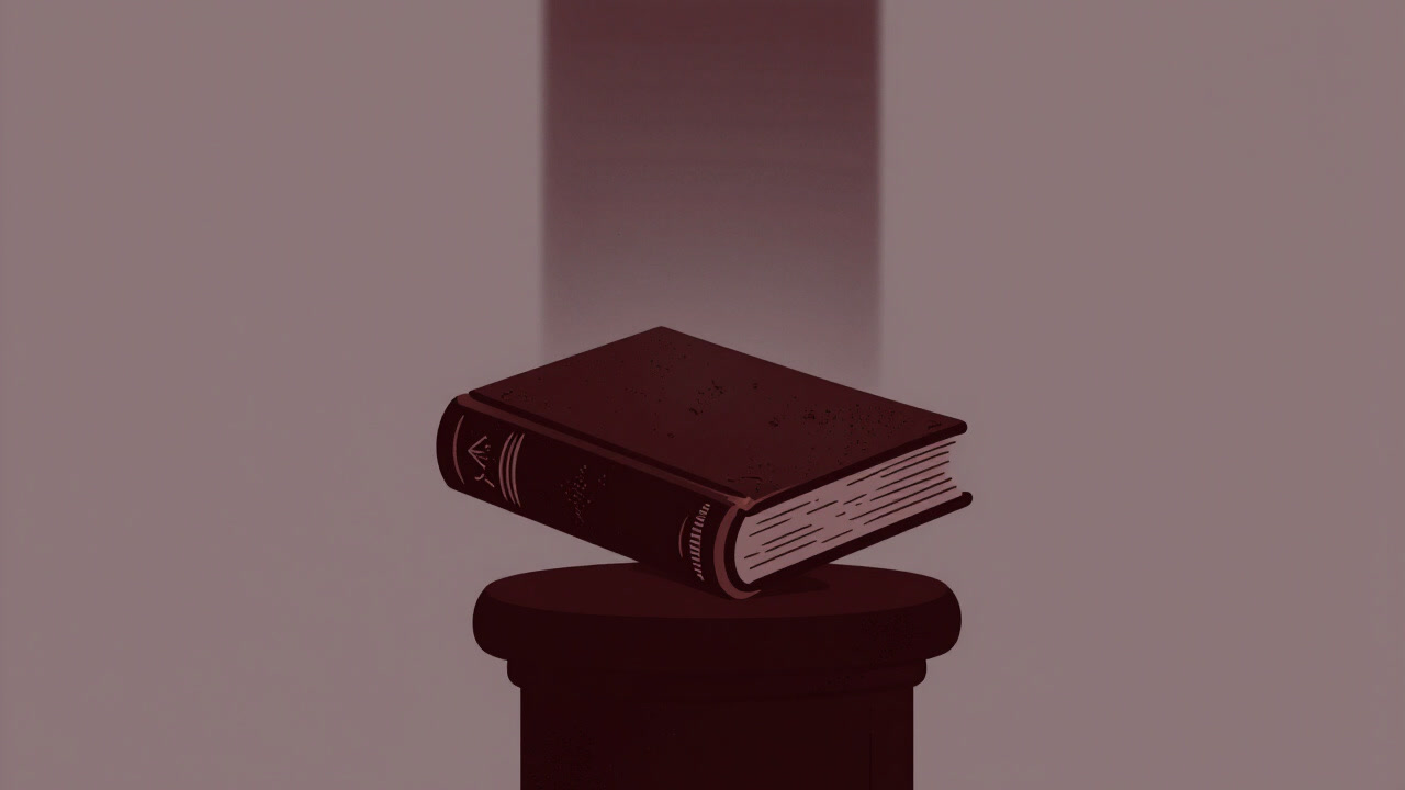 中央に一冊の古ぼけた書物が逆さまに置かれ、その上に謎めいた光が降り注ぐイラスト