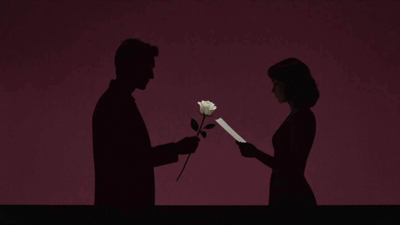 白い薔薇を交換しながら互いに台本を読み合う男女の影絵