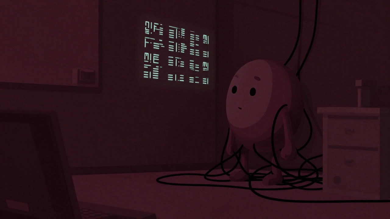 暗い研究室の片隅で、ケーブルに絡まれながらチラリと観測データを覗くHMMの化身のイメージ