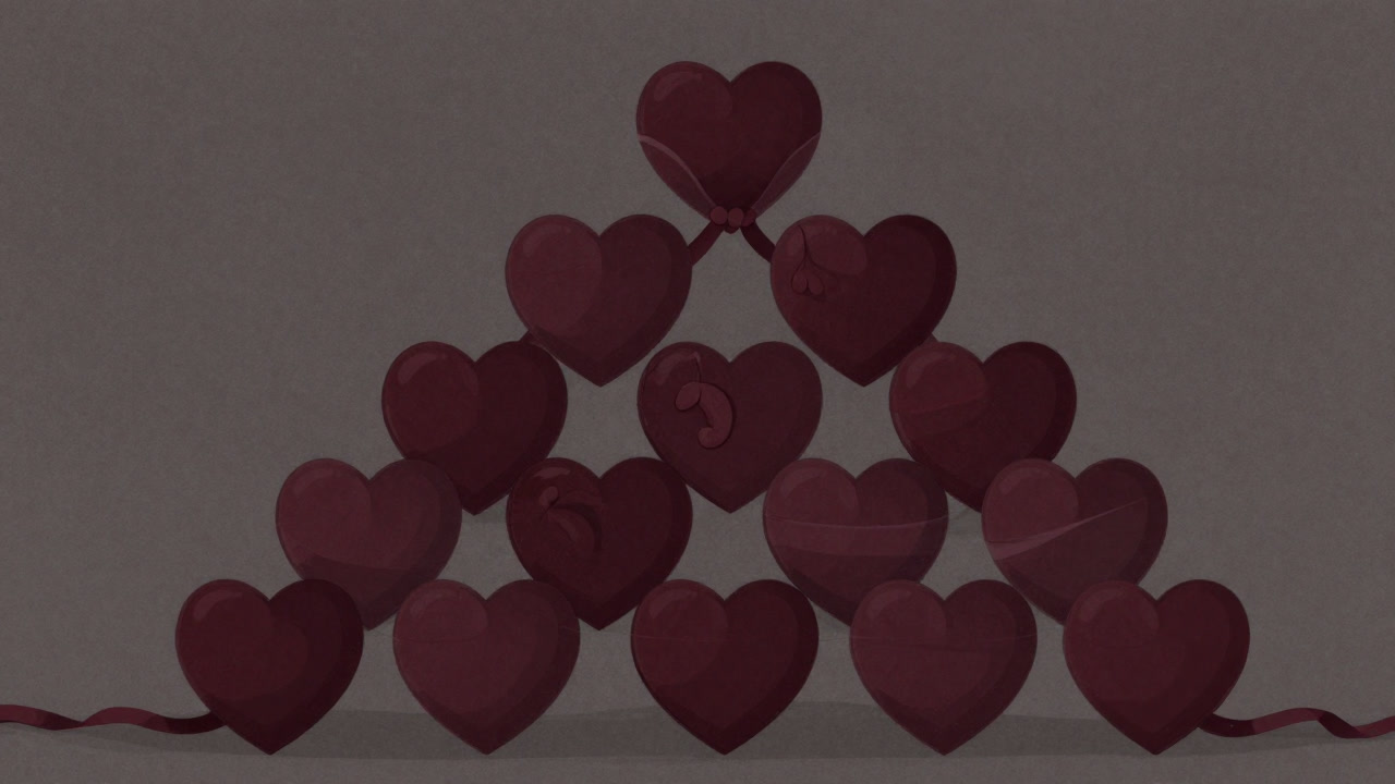 Illustration of hearts divided into tiers by ribbons, mocking equality.