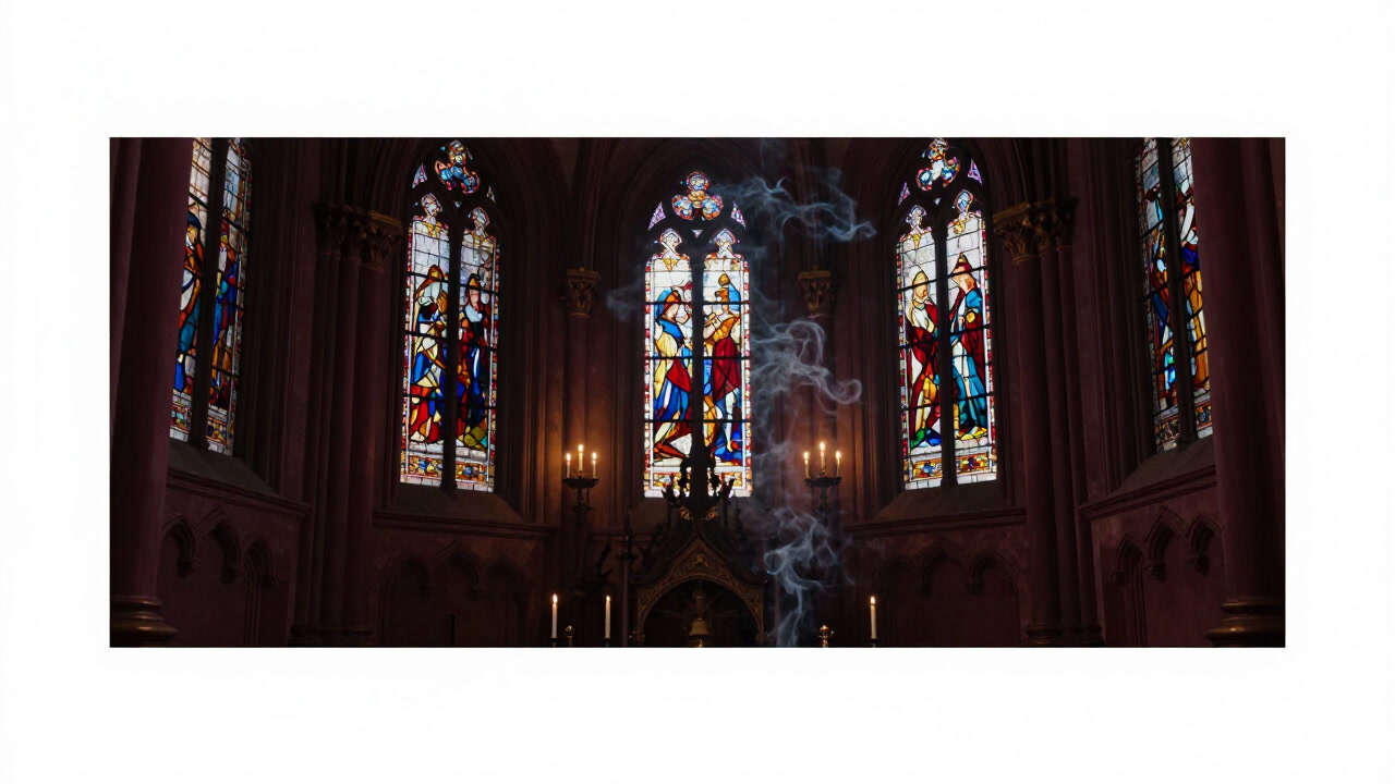荘厳なステンドグラスの光が、香炉の煙とともに神秘的な雰囲気を醸し出すハイチャーチの礼拝堂内観