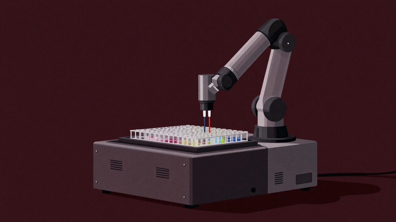 Illustration of a high-throughput screening machine with rows of thousands of wells and a robotic arm dispensing liquid.