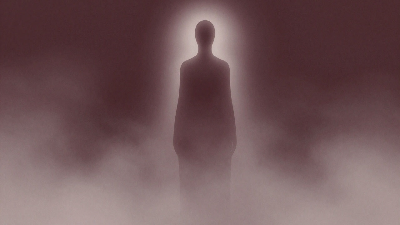Silhouette of an abstract figure emitting a soft glow from within a misty space