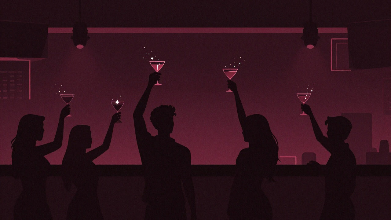 ネオン光に包まれた都会のクラブで、煌めくカクテルを掲げる人々の影が踊るシルエット