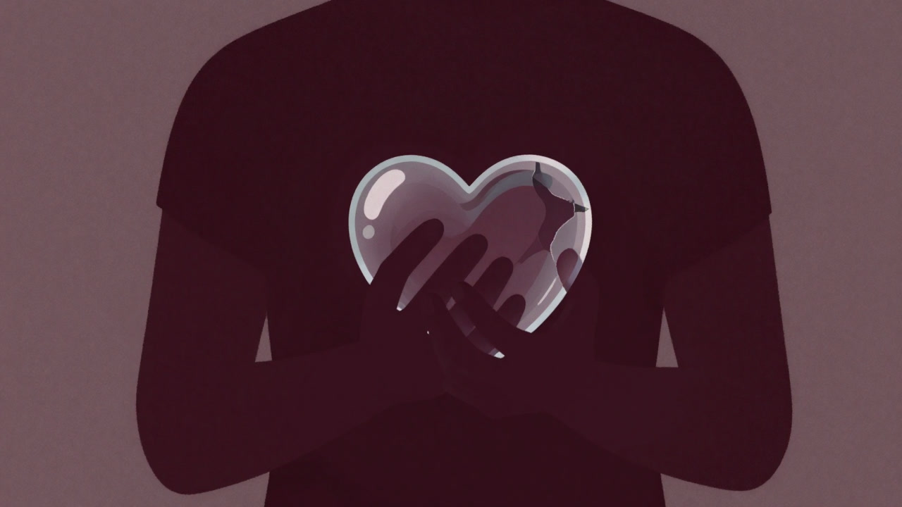 淡い色の背景に、ガラスのハートを抱えて震える人のシルエット