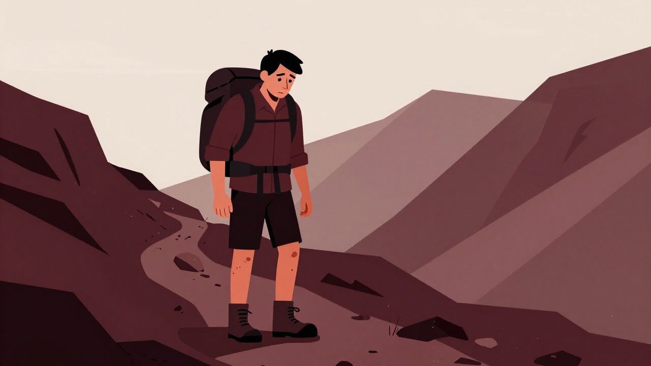 山道に佇むハイカーが遠くを見つめ、足には血豆が見えるイラスト