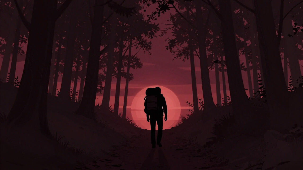 森林の入り口で、期待と疲労を背負った登山者のシルエットが夕日に照らされる画像